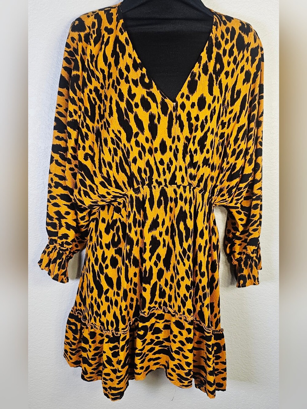 GiGiO USA Large Mustard Leopard Print Ruffle Mini Dress